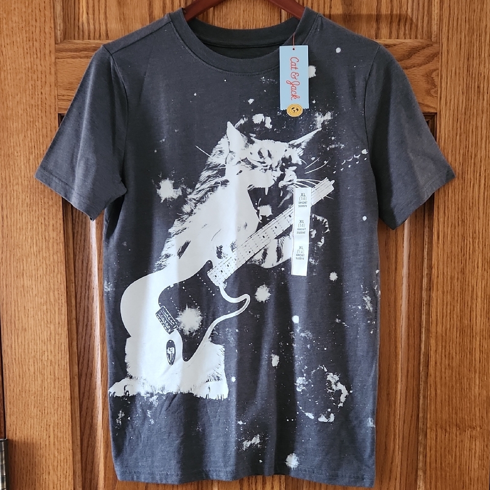 Cat & Jack Gray and White Cat Playing Guitar Splatter Tee NEW XL 16